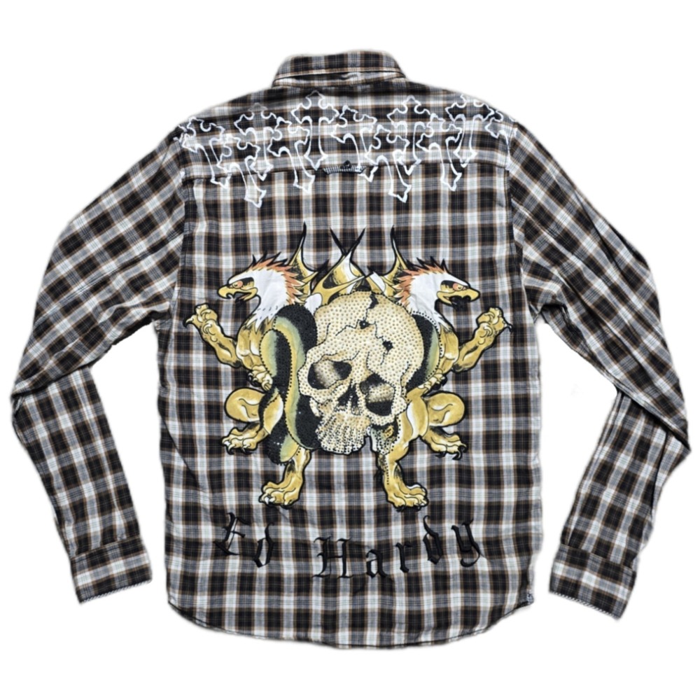 Vintage Ed Hardy Button Down Rhinestone Shirt Mens M Skull Eagle Graphic Y2K